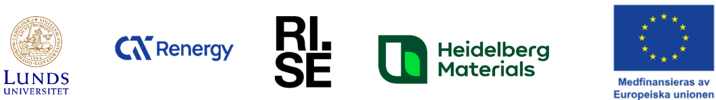 Logotyp för Lunds Universitet, CIT Renergy, RISE, Heidelberg Materials samt EU-flagga med texten "med finansiering av Europeiska unionen"